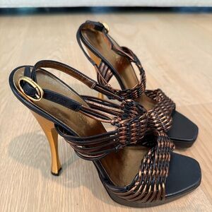 Donna Karan woven leather gold platform heels